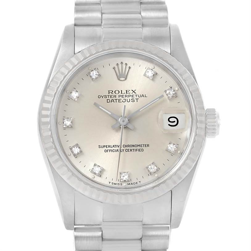 This image shows a frontal view of a Rolex President 68279 Women's White Gold Silver Dial 68279 Women's White Gold Silver Dial model watch, highlighting its dial, bezel, bracelet, and date display.