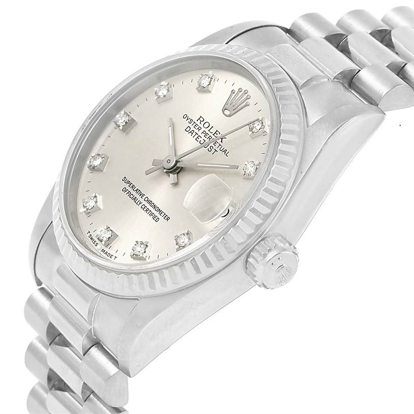 This Rolex President 68279 Women's White Gold Silver Dial 68279 Women's White Gold Silver Dial model watch is shown at an angled side view, displaying the face, bezel, and part of the bracelet.