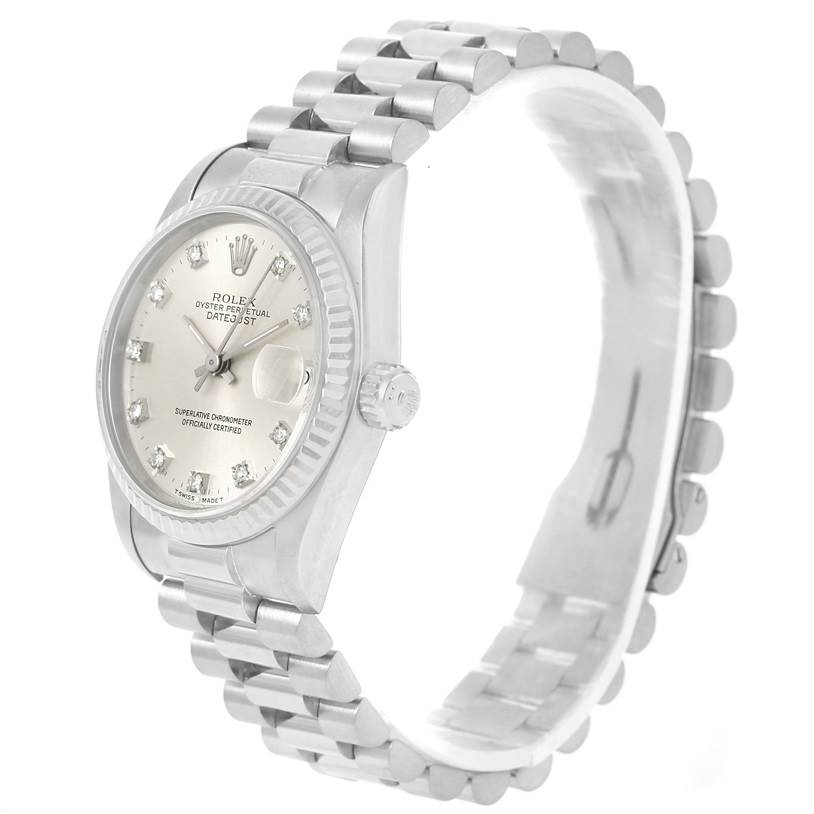The Rolex President 68279 Women's White Gold Silver Dial 68279 Women's White Gold Silver Dial model watch is shown at a slight angle, highlighting its bracelet, face, and crown.
