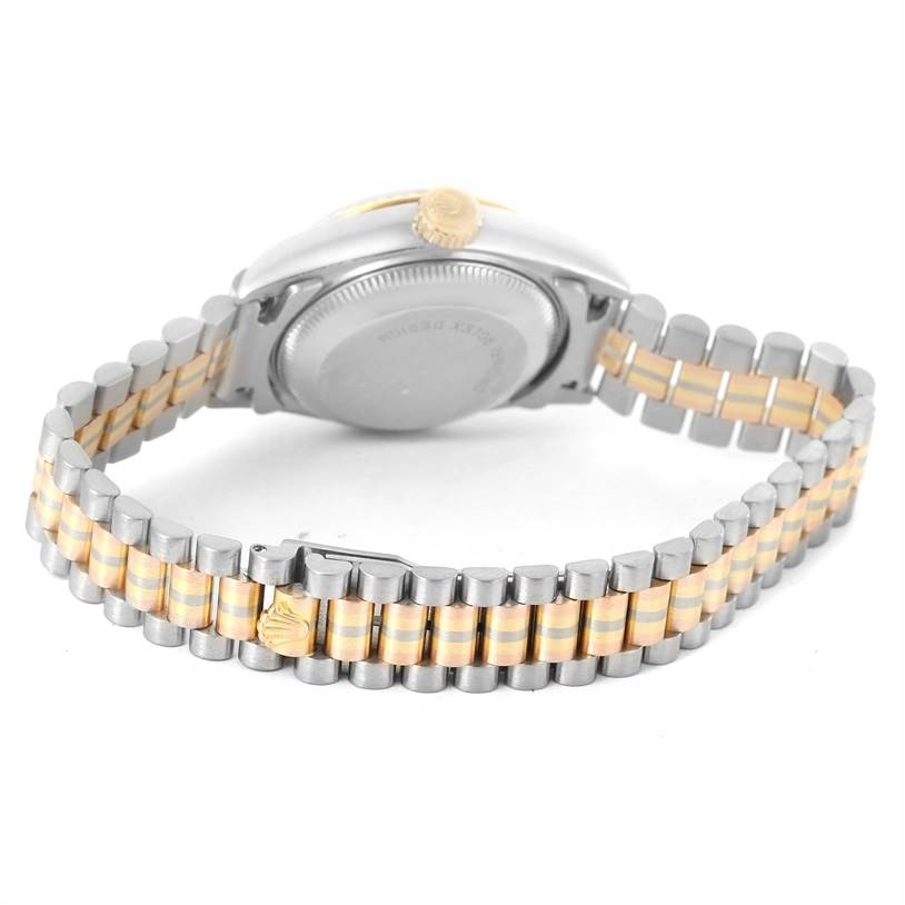 The image shows the back and bracelet of a Rolex President 69179 Women's White Gold Brown Dial 69179 Women's White Gold Brown Dial watch, highlighting the two-tone metal band and case back.