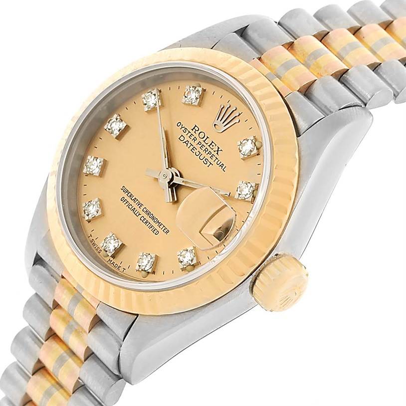 The Rolex President 69179 Women's White Gold Brown Dial 69179 Women's White Gold Brown Dial Datejust watch is shown at an angle displaying the face, bezel, and part of the bracelet.
