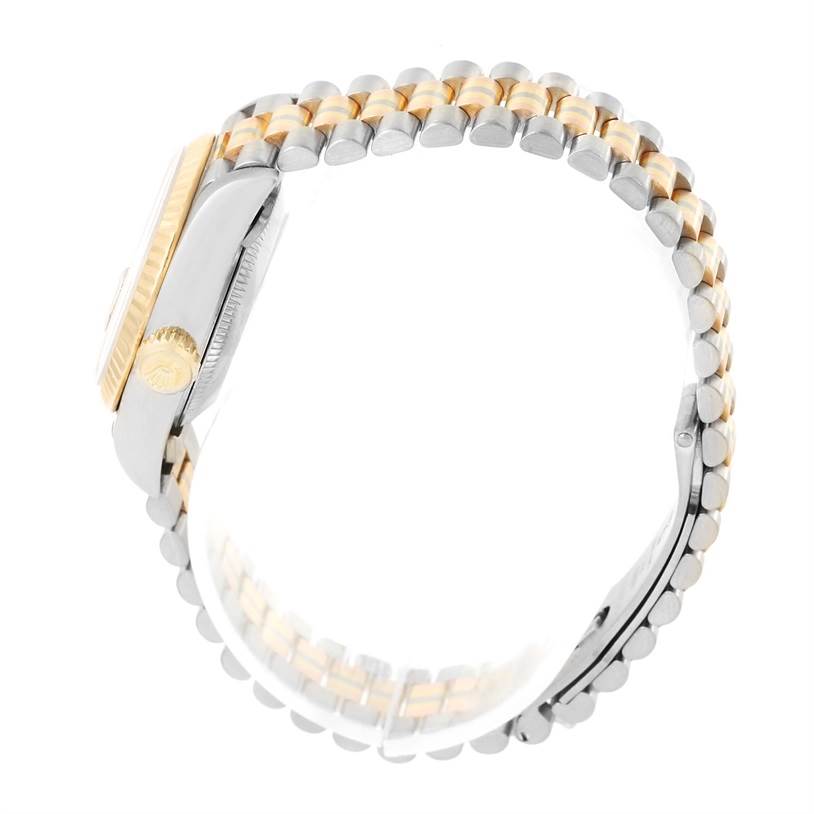 The image shows a side profile of the Rolex President 69179 Women's White Gold Brown Dial 69179 Women's White Gold Brown Dial model watch, highlighting the bracelet and partially the case and crown.