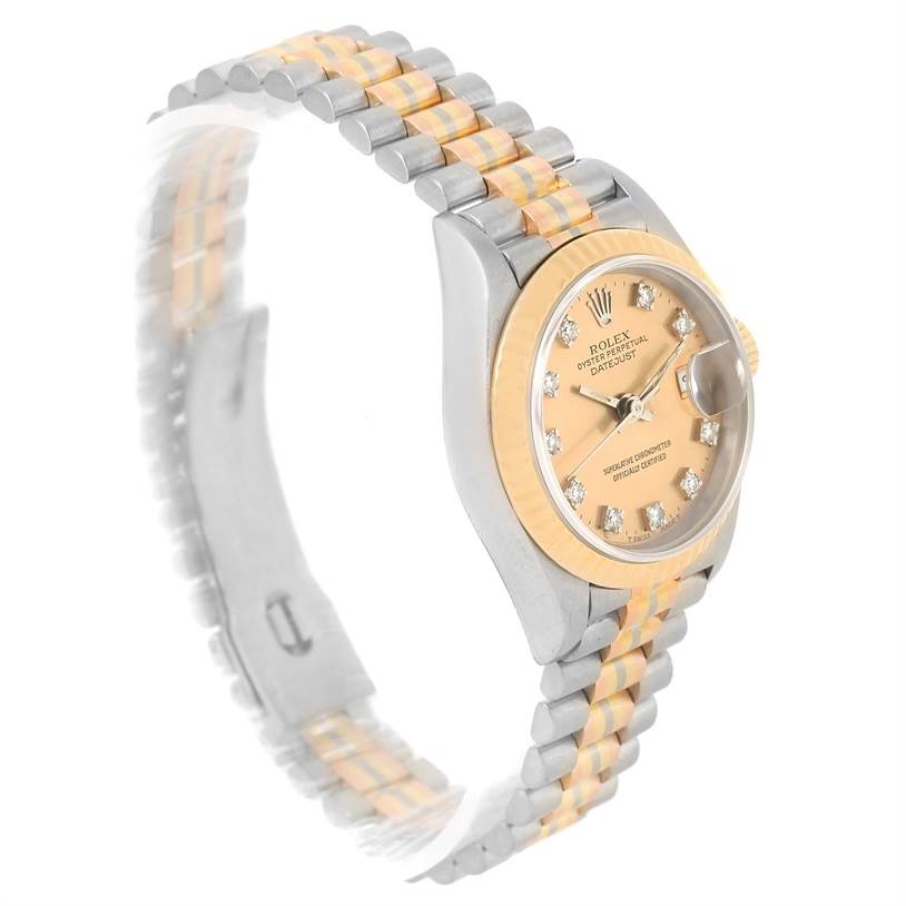 The Rolex President 69179 Women's White Gold Brown Dial 69179 Women's White Gold Brown Dial model watch is shown at an angle displaying its face, bezel, and part of the bracelet.