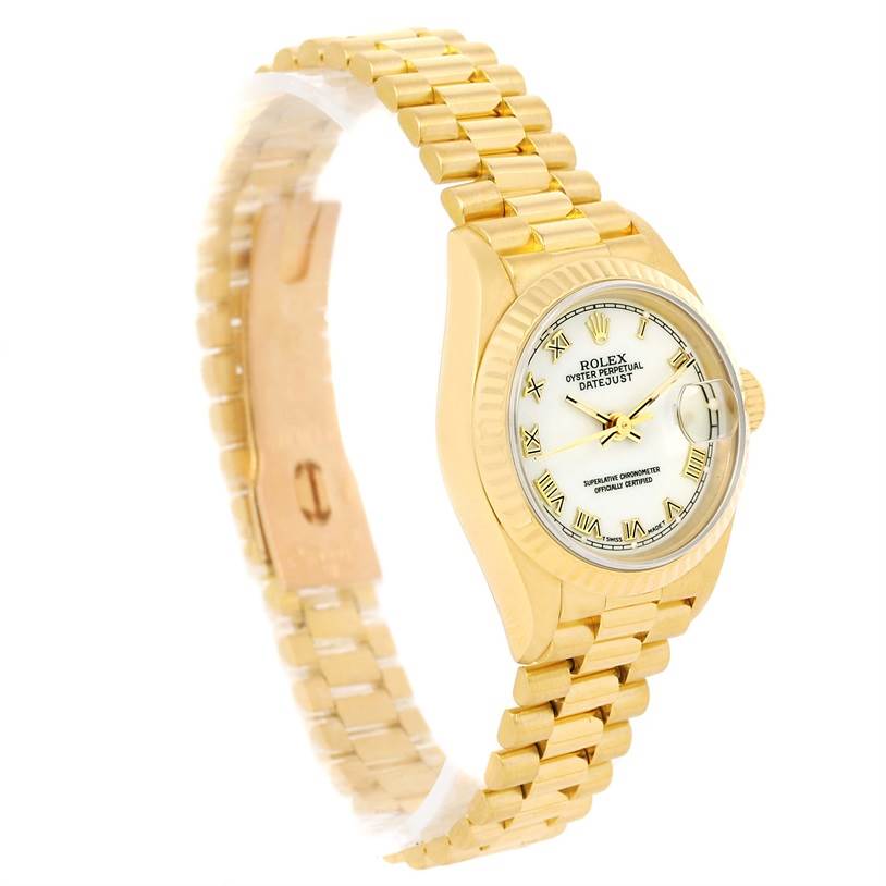 The image shows a Rolex President 69178 Women's Yellow Gold White Dial 69178 Women's Yellow Gold White Dial model watch at a side angle, highlighting the face, bezel, and gold bracelet.
