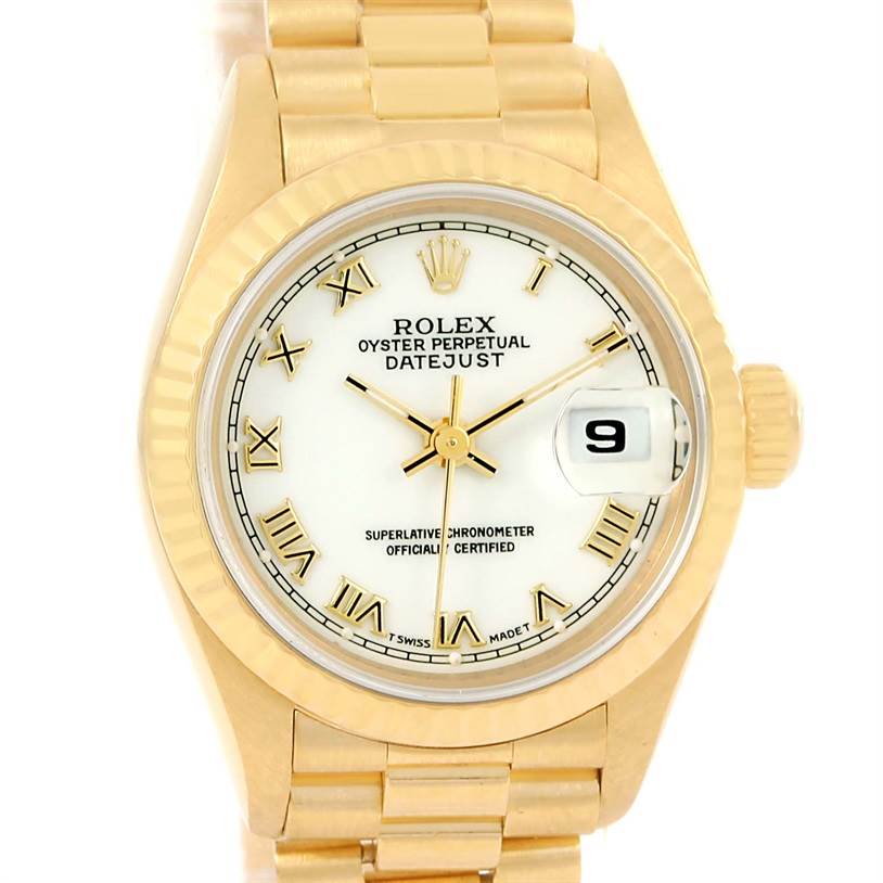 This image shows a front view of a Rolex President 69178 Women's Yellow Gold White Dial 69178 Women's Yellow Gold White Dial Datejust watch displaying the dial, bezel, and part of the bracelet.