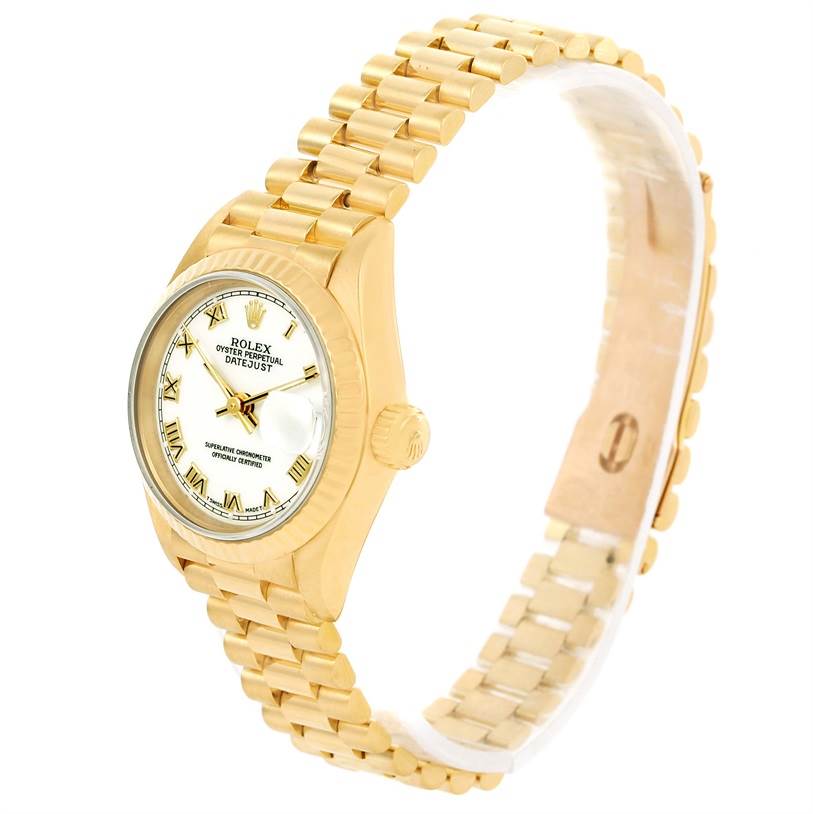 The President model Rolex watch is shown at an angled side view, highlighting the face, bezel, crown, and bracelet.