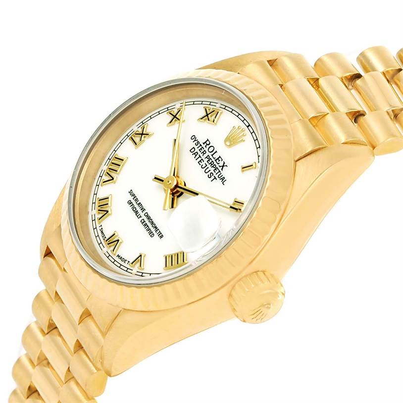 The image shows a side and partial overhead view of the Rolex President 69178 Women's Yellow Gold White Dial 69178 Women's Yellow Gold White Dial model watch, displaying the dial, crown, and bracelet.