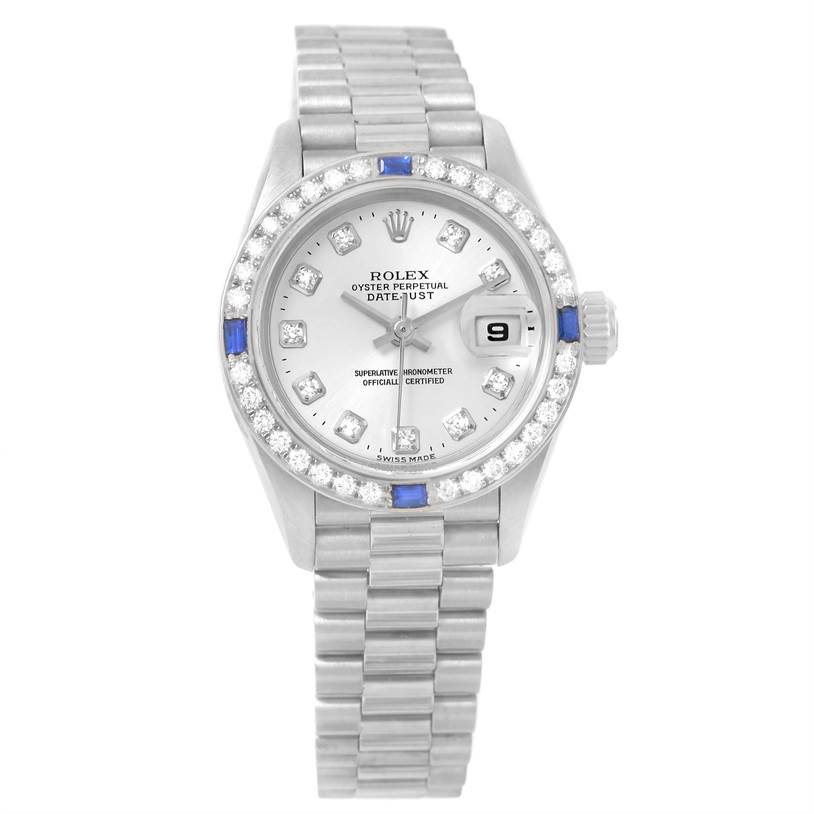 The image shows a front view of a Rolex President 79179 Women's White Gold Silver Dial 79179 Women's White Gold Silver Dial model watch, displaying the face, bezel, bracelet, and crown.