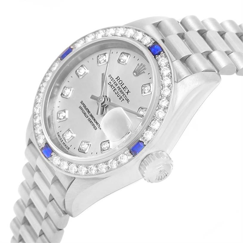The image displays a Rolex President 79179 Women's White Gold Silver Dial 79179 Women's White Gold Silver Dial model watch at an angled view, showcasing the face, bezel, and bracelet.
