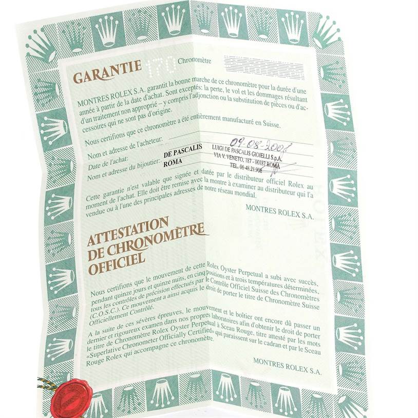 Shown is the official warranty and chronometer certification document for the Rolex President 79179 Women's White Gold Silver Dial 79179 Women's White Gold Silver Dial model watch.