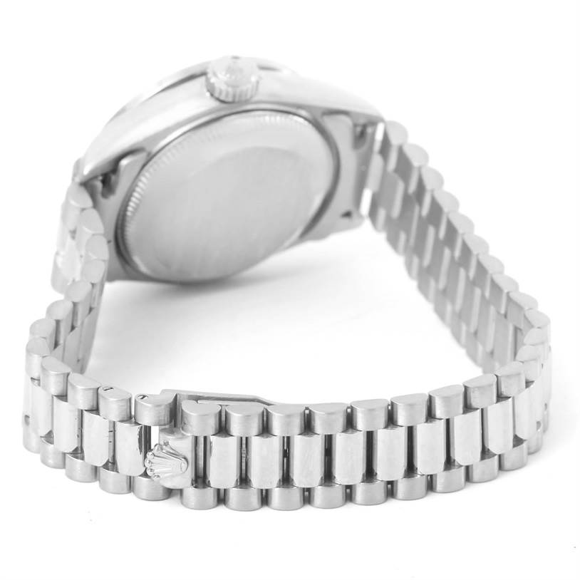 The image shows the back case and bracelet of a Rolex President 79179 Women's White Gold Silver Dial 79179 Women's White Gold Silver Dial model watch from a rear angle.