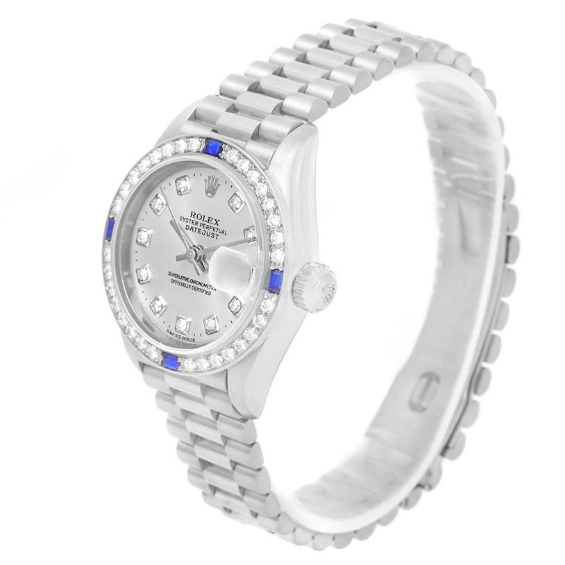 The image shows a Rolex President 79179 Women's White Gold Silver Dial 79179 Women's White Gold Silver Dial model watch at a three-quarter angle, highlighting its bracelet, dial, bezel, and crown.