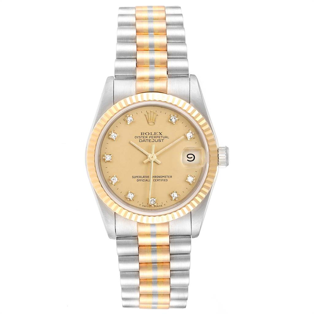 The Rolex President 68279 Women's White Gold Champagne Dial 68279 Women's White Gold Champagne Dial model watch is shown from a top view, showcasing the dial, bezel, and two-tone bracelet.