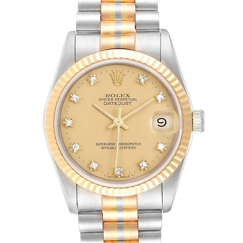 Rolex President Tridor Midsize White Rose Yellow Gold Diamond Watch 68279 SwissWatchExpo