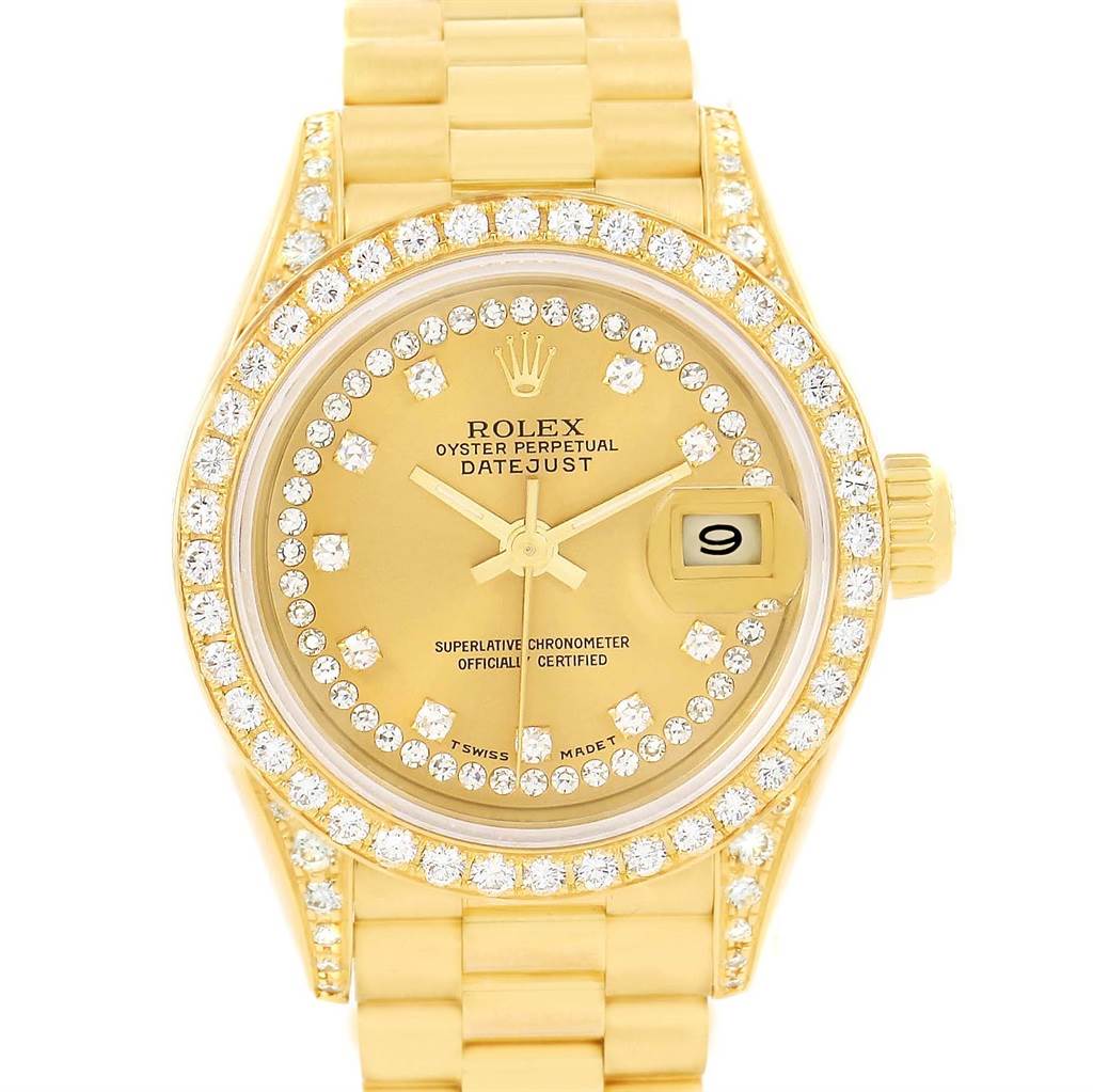 The image shows a front view of a Rolex President 69158 Men
s Yellow Gold Champagne Dial 69158 Men
s Yellow Gold Champagne Dial model watch, highlighting its gold case, diamond bezel, and bracelet.