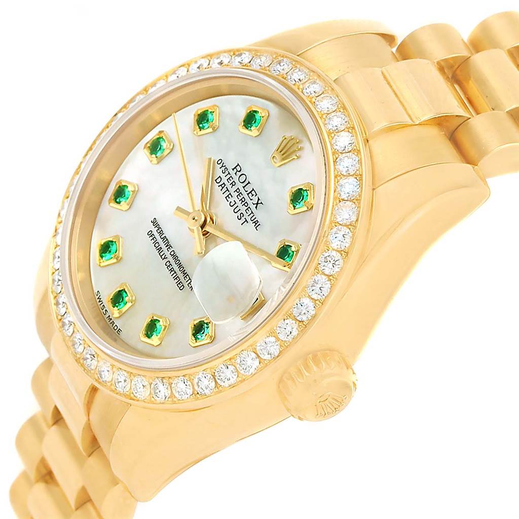 The image shows a close-up side angle of a Rolex President 179138 Women's Yellow Gold Mother of Pearl Dial 179138 Women's Yellow Gold Mother of Pearl Dial model watch, highlighting the face, bezel, and part of the band.