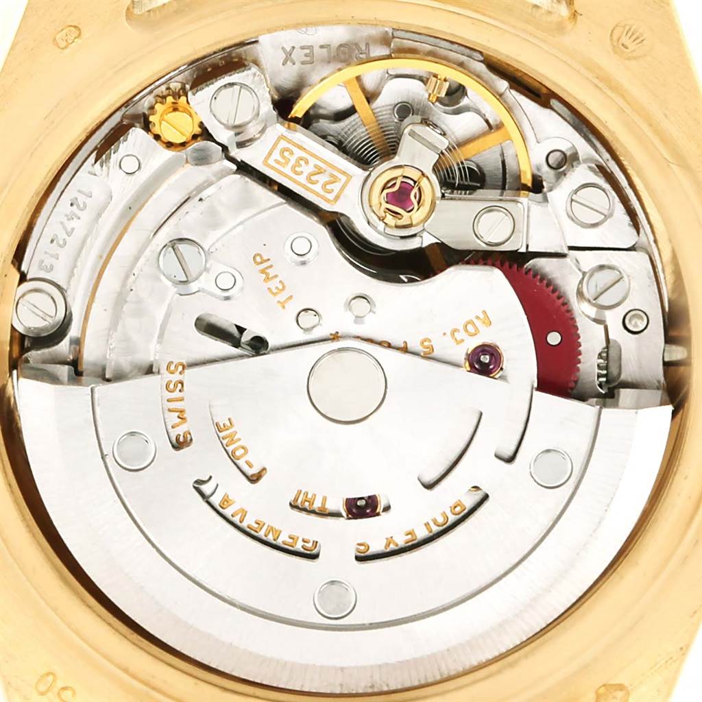 This image shows the internal mechanical movement of a Rolex President 179138 Women's Yellow Gold Mother of Pearl Dial 179138 Women's Yellow Gold Mother of Pearl Dial model watch.