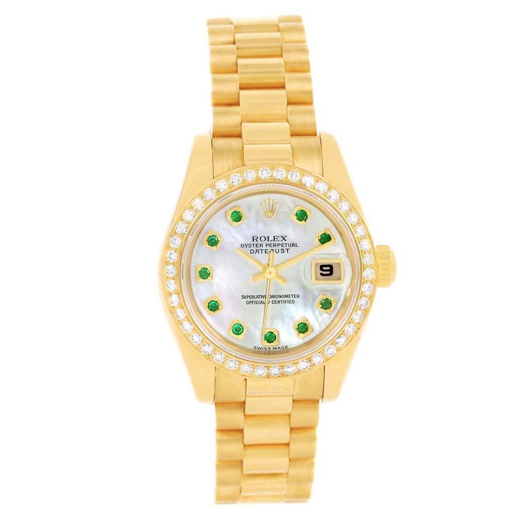 This image shows a front view of a Rolex President 179138 Women's Yellow Gold Mother of Pearl Dial 179138 Women's Yellow Gold Mother of Pearl Dial model watch, showcasing the bezel, dial, date window, and bracelet.