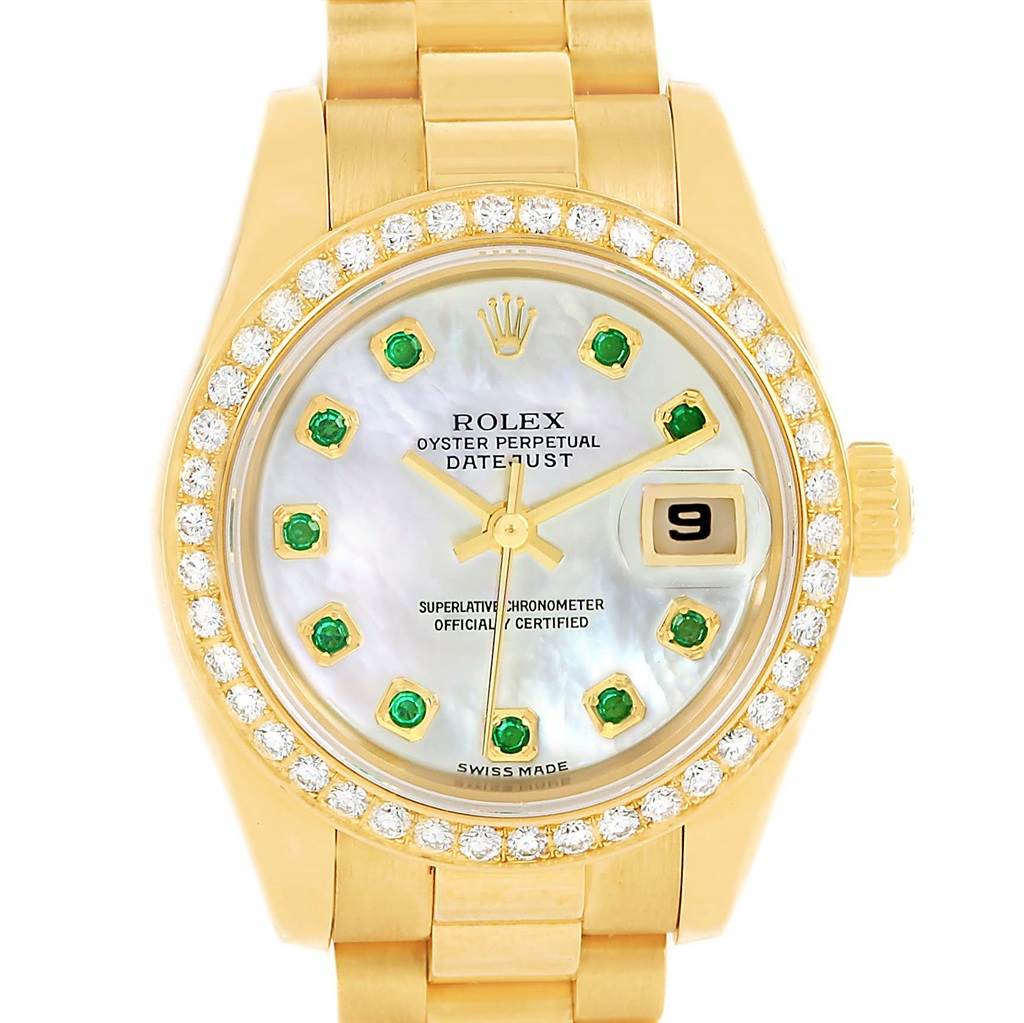 The Rolex President 179138 Women's Yellow Gold Mother of Pearl Dial 179138 Women's Yellow Gold Mother of Pearl Dial model watch is shown from a front angle, displaying the dial, bezel, date window, and part of the band.