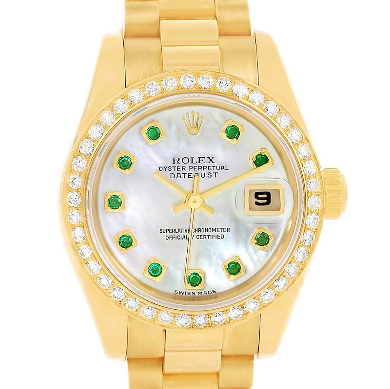 Rolex President Ladies 18k Yellow Gold Diamond Emerald Watch 179138 SwissWatchExpo