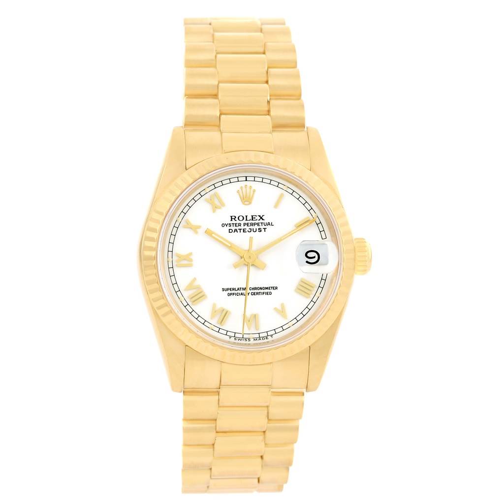 The watch is a Rolex President 68278 Women's Yellow Gold White Dial 68278 Women's Yellow Gold White Dial model, featuring a gold bracelet, white dial, date display, and gold Roman numeral markers.