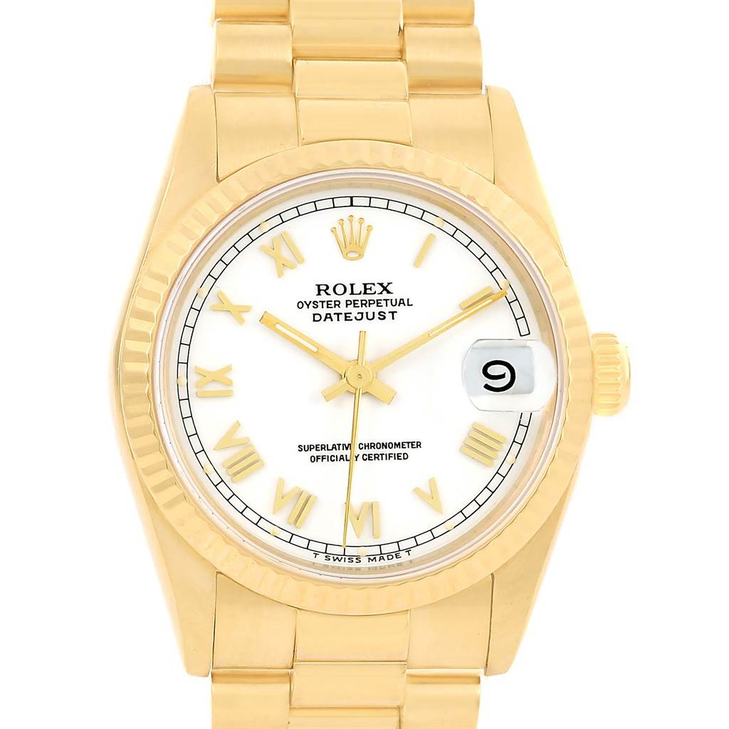 The image shows a frontal view of a Rolex President 68278 Women's Yellow Gold White Dial 68278 Women's Yellow Gold White Dial Datejust watch, displaying its face, bezel, and part of the bracelet.