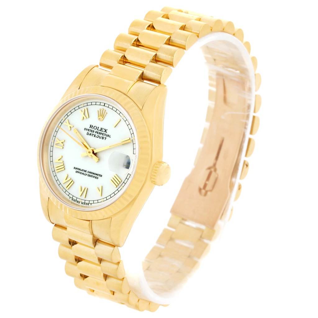 This image shows a side view of the Rolex President 68278 Women's Yellow Gold White Dial 68278 Women's Yellow Gold White Dial model, highlighting its band, dial, and crown.