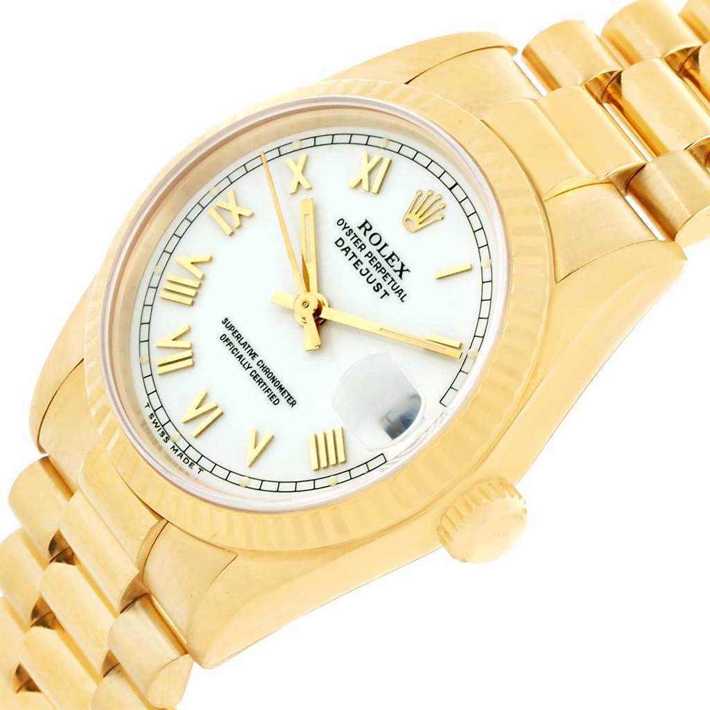 This image shows a diagonal view of the Rolex President 68278 Women's Yellow Gold White Dial 68278 Women's Yellow Gold White Dial watch, highlighting its face, bezel, crown, and part of the bracelet.