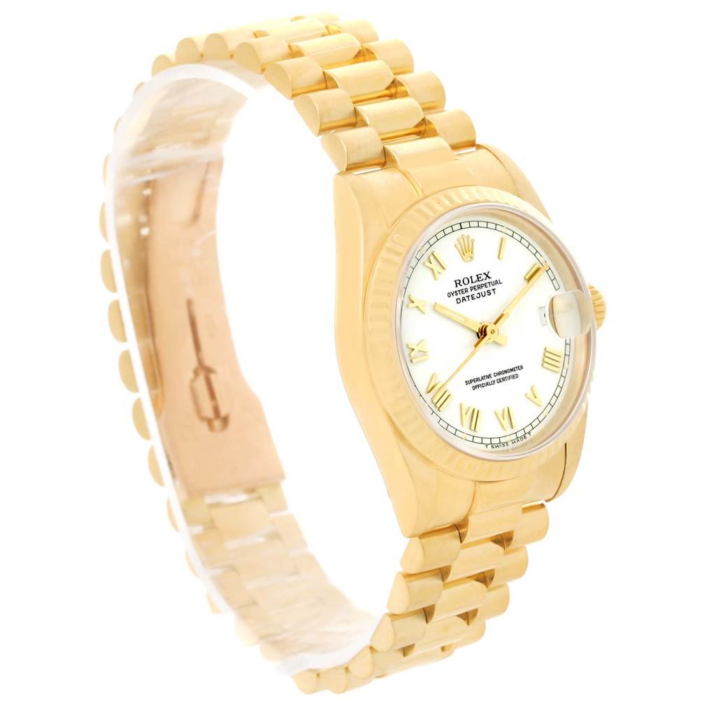 The Rolex President 68278 Women's Yellow Gold White Dial 68278 Women's Yellow Gold White Dial model watch is shown from an angled view, highlighting the gold bracelet, case, and face with Roman numerals.