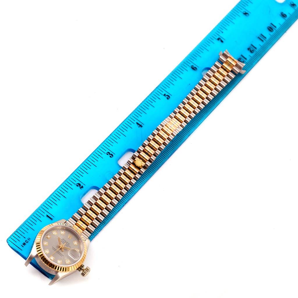 The Rolex President 69179 Women's White Gold Silver Dial 69179 Women's White Gold Silver Dial model watch is shown from the front, displaying the face and the two-tone bracelet.