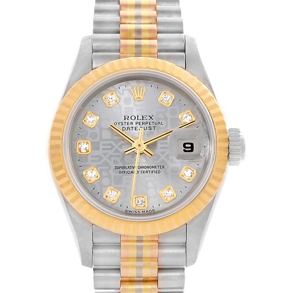 This image shows a front view of the Rolex President 69179 Women's White Gold Silver Dial 69179 Women's White Gold Silver Dial model watch, featuring its face, bezel, and part of the bracelet.