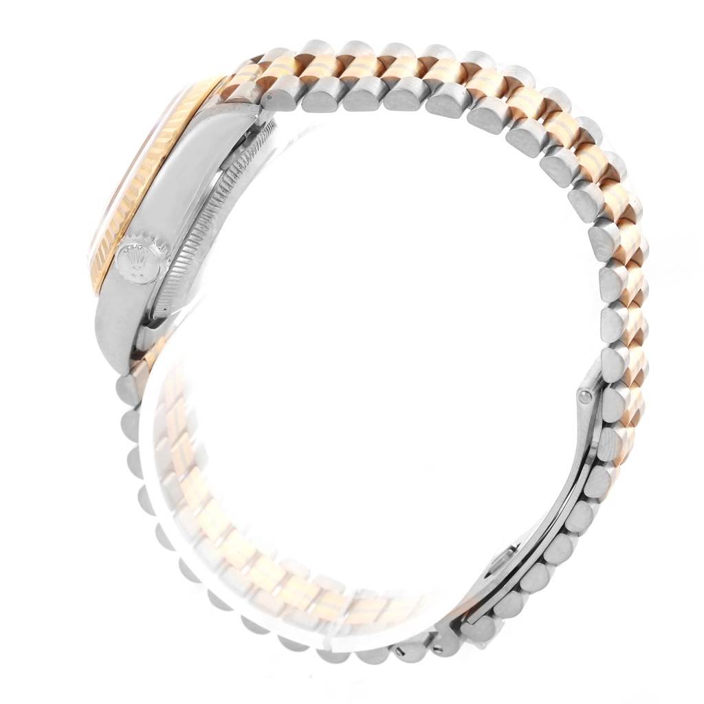 The image shows a side view of the Rolex President 69179 Women's White Gold Silver Dial 69179 Women's White Gold Silver Dial model, highlighting its case, crown, and two-tone bracelet.