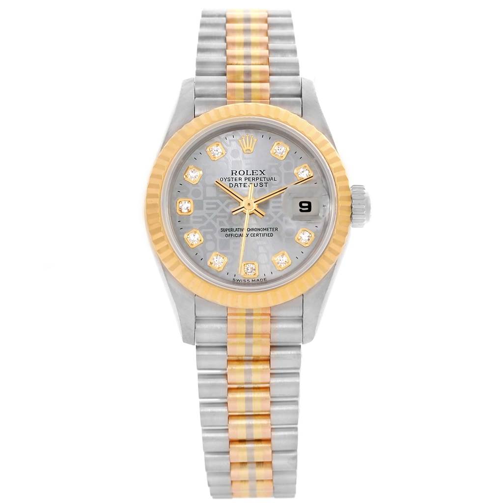 The image shows a front view of a Rolex President 69179 Women's White Gold Silver Dial 69179 Women's White Gold Silver Dial model watch featuring a two-tone bracelet and a date display at the 3 o'clock position.