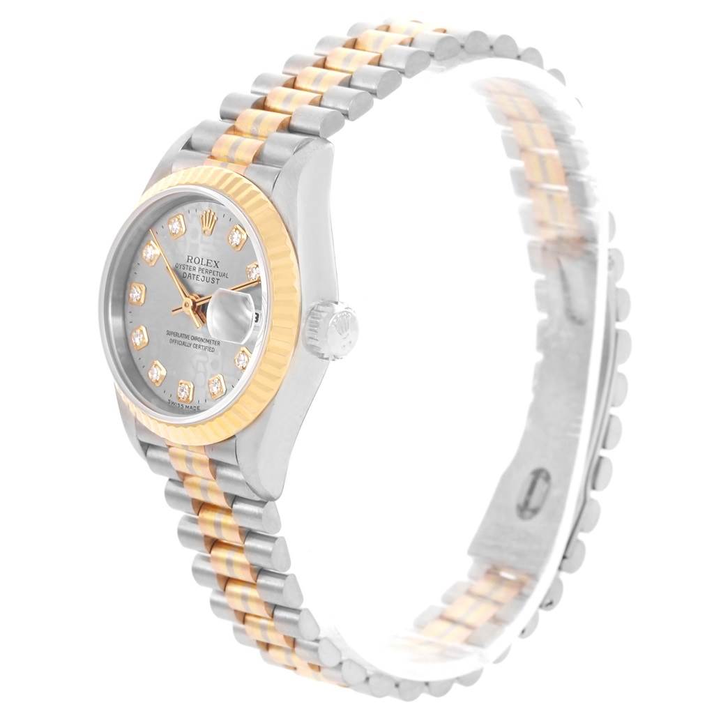 The image shows a side-angle view of a Rolex President 69179 Women's White Gold Silver Dial 69179 Women's White Gold Silver Dial model watch, highlighting the face, bezel, crown, and two-tone bracelet.