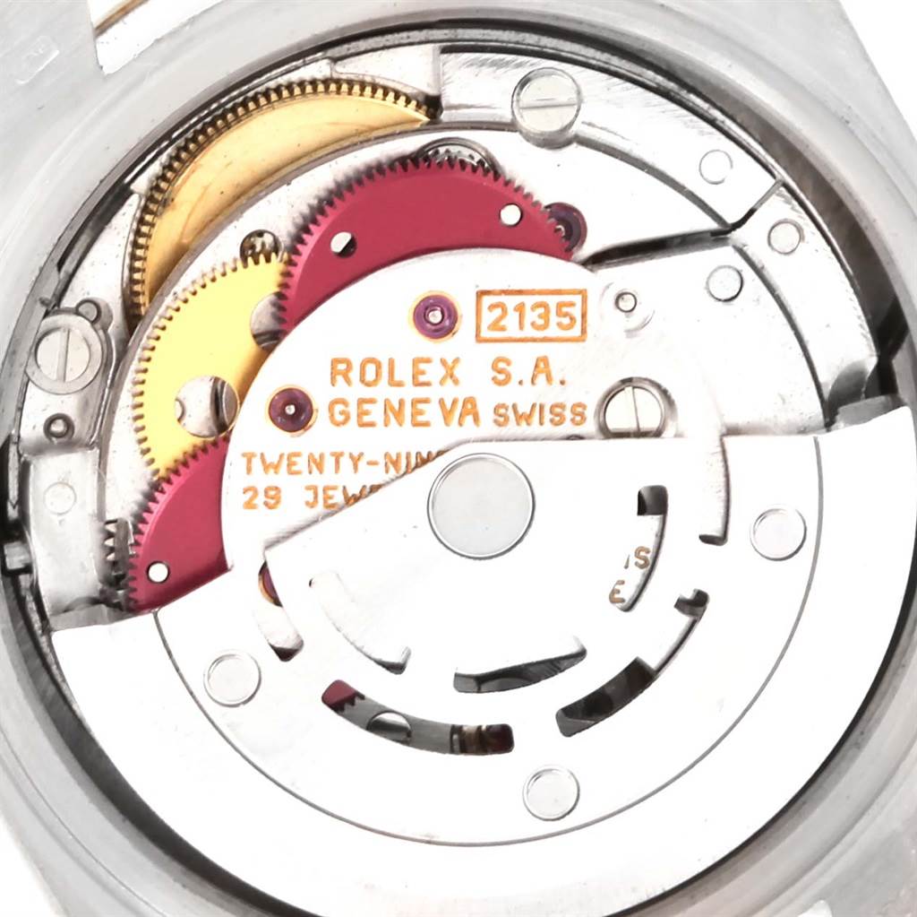 This close-up shows the internal movement components of a Rolex President 69179 Women's White Gold Silver Dial 69179 Women's White Gold Silver Dial model watch.