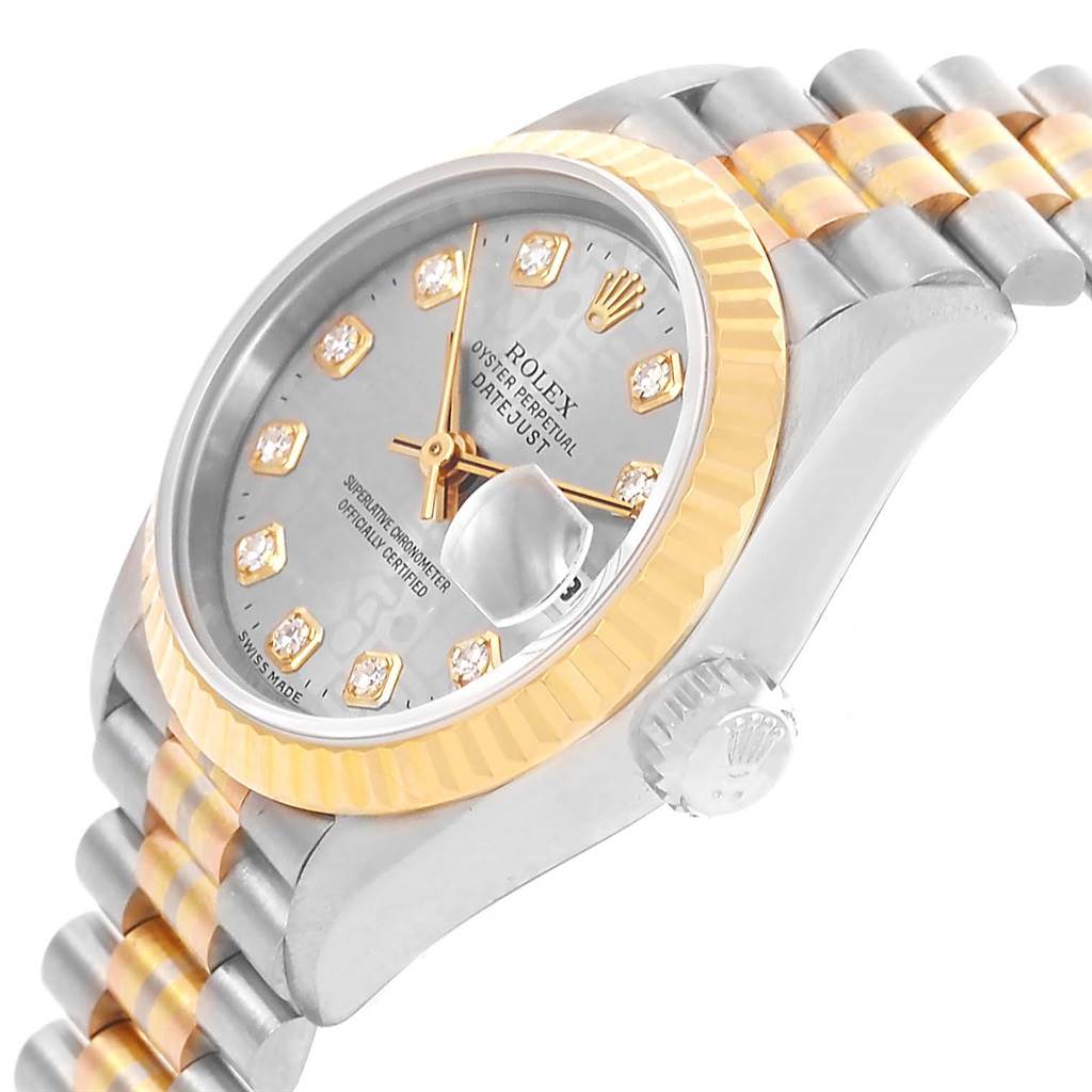 The Rolex President 69179 Women's White Gold Silver Dial 69179 Women's White Gold Silver Dial model watch is shown at an angled side view, highlighting its dial, bezel, crown, and two-tone bracelet.