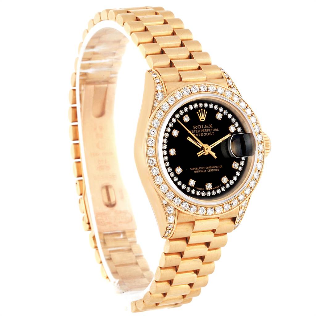 The Rolex President 69238 Women
s Yellow Gold Black Dial 69238 Women
s Yellow Gold Black Dial model watch is shown at a three-quarter angle, highlighting the face, bezel, and part of the band.