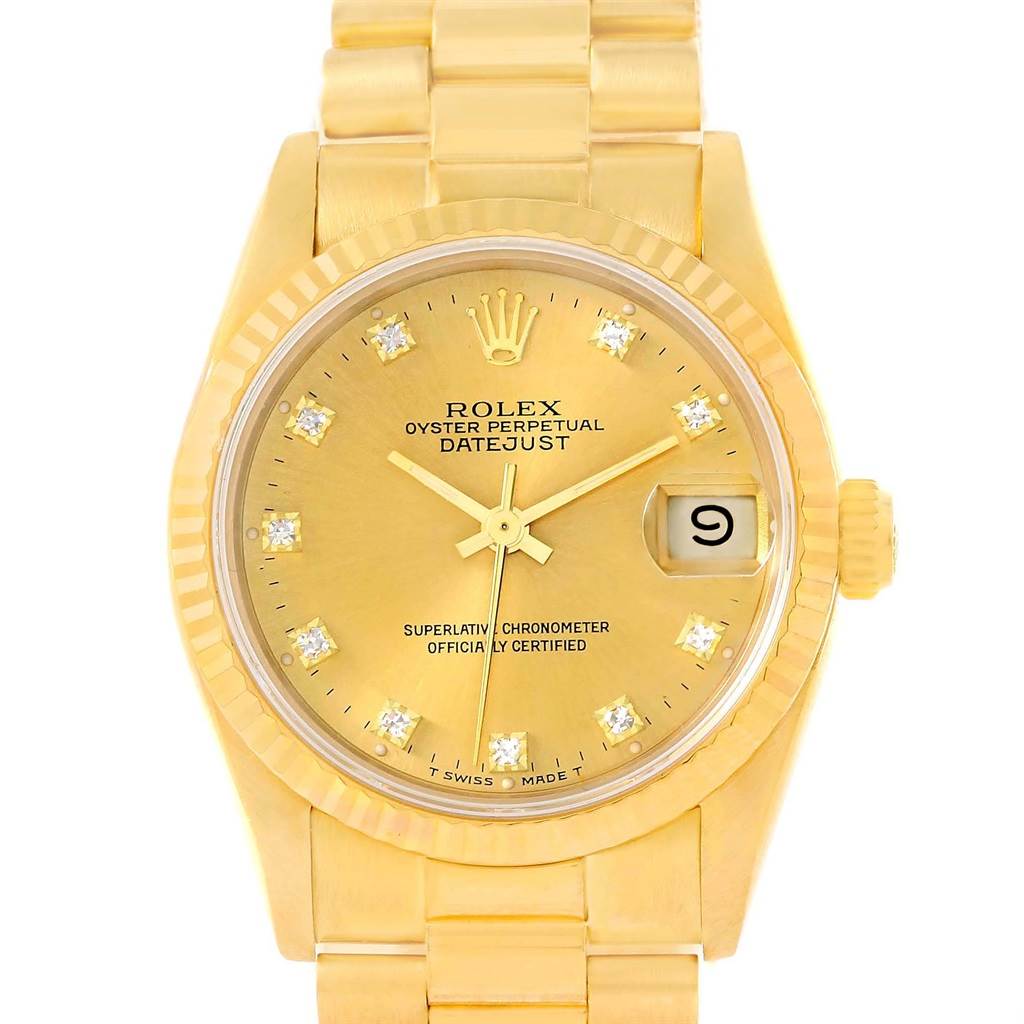 The image features a Rolex President 68278 Women's Yellow Gold Champagne Dial 68278 Women's Yellow Gold Champagne Dial model watch, showing its gold face, bracelet, diamond hour markers, and date window.