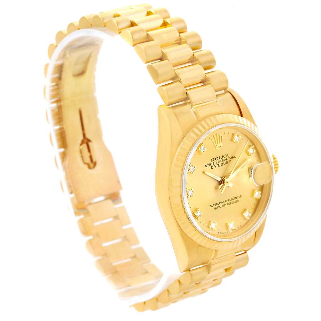 The image shows a yellow-gold Rolex President 68278 Women's Yellow Gold Champagne Dial 68278 Women's Yellow Gold Champagne Dial model watch at a slight angle, highlighting the dial, bracelet, and clasp.