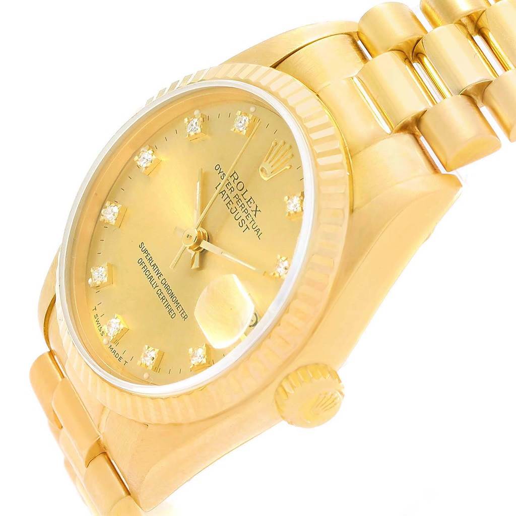 The image shows a Rolex President 68278 Women's Yellow Gold Champagne Dial 68278 Women's Yellow Gold Champagne Dial model watch angled to display its face, band, crown, and part of the bezel.