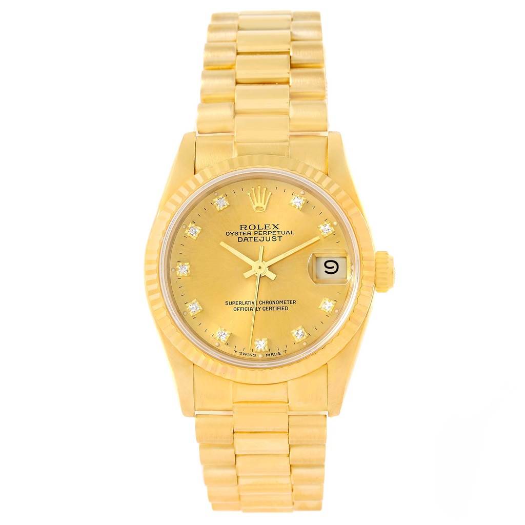 This is a front view of a Rolex President 68278 Women's Yellow Gold Champagne Dial 68278 Women's Yellow Gold Champagne Dial model watch, showcasing its gold bracelet, dial, hands, date window, and hour markers.