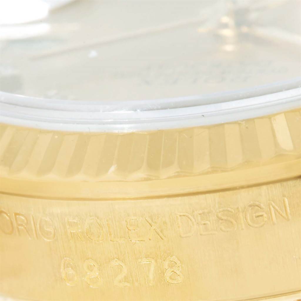 The image shows a close-up of the case side and bezel of a Rolex President 68278 Women's Yellow Gold Champagne Dial 68278 Women's Yellow Gold Champagne Dial model, displaying the "ORIG ROLEX DESIGN 68278" engraving.