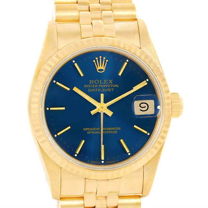 Rolex President Datejust Midsize 18K Yellow Gold Blue Dial Watch 68278 SwissWatchExpo