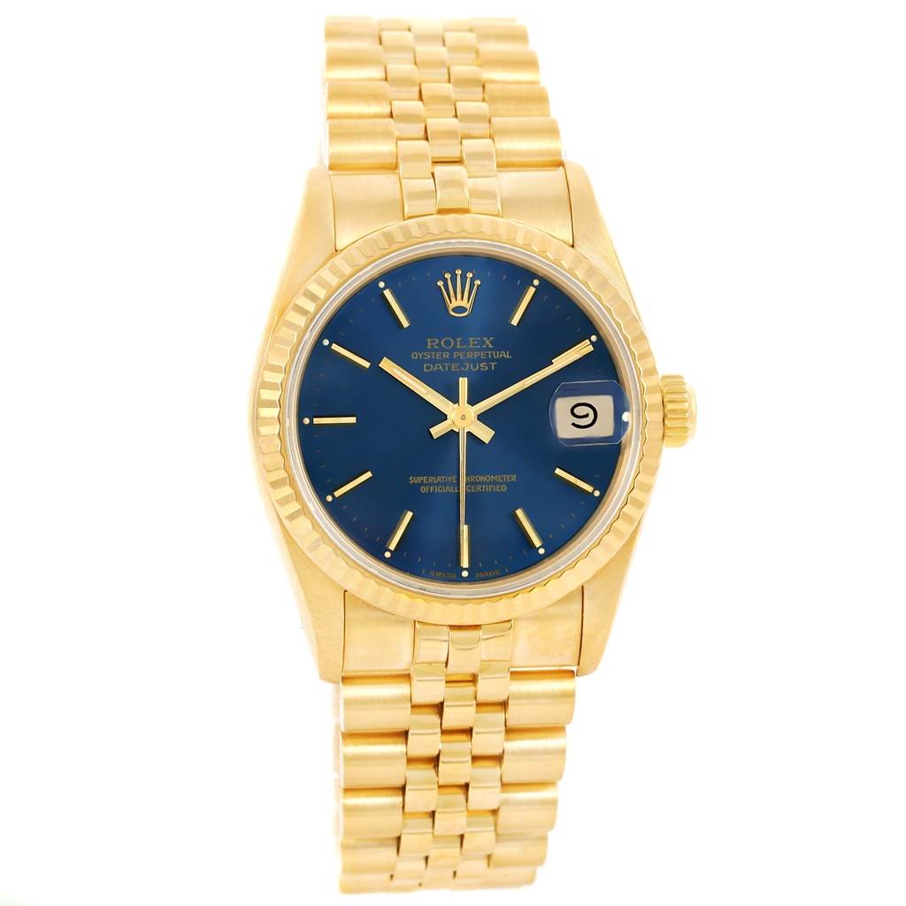 Rolex President Datejust Midsize 18K Yellow Gold Blue Dial Watch 68278 ...