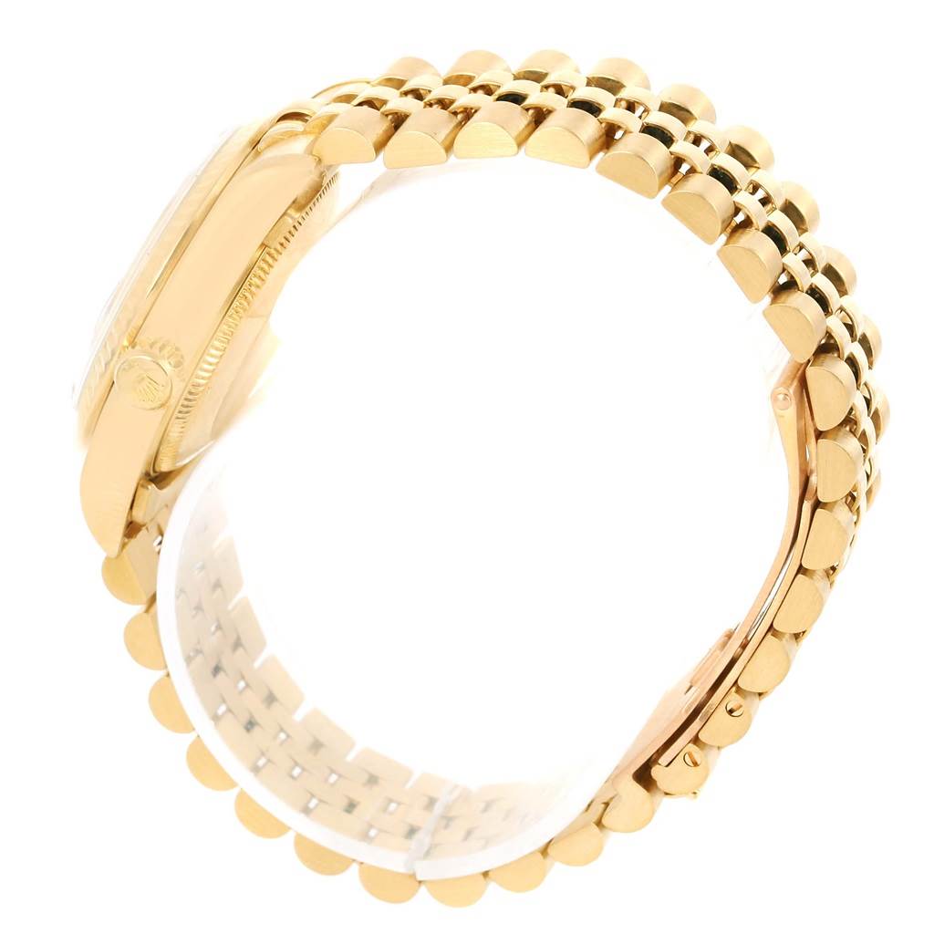 The image shows a side view of a Rolex President 68278 Women's Yellow Gold Blue Dial 68278 Women's Yellow Gold Blue Dial model watch, highlighting the bracelet and part of the case.