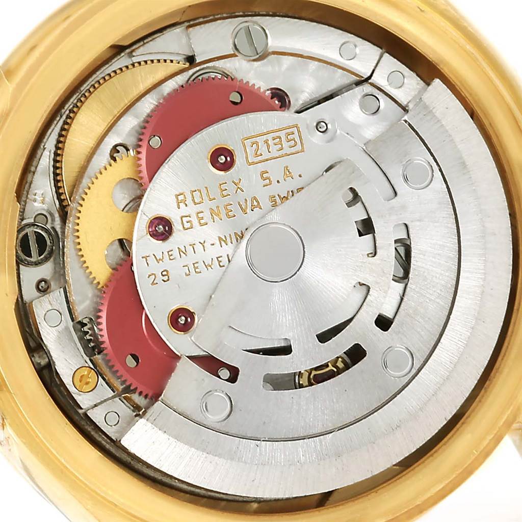 The image shows the internal mechanism of a Rolex President 69138 Women's Yellow Gold Champagne Dial 69138 Women's Yellow Gold Champagne Dial model watch viewed from the back.