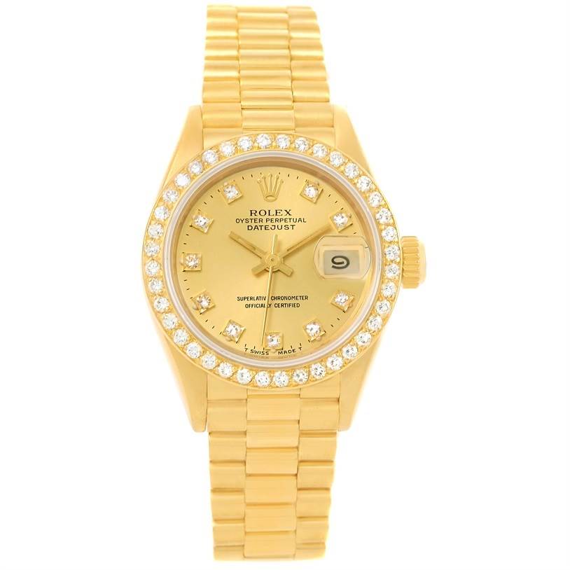 The image shows the Rolex President 69138 Women's Yellow Gold Champagne Dial 69138 Women's Yellow Gold Champagne Dial model watch from a top-down angle, displaying the dial, bezel, and bracelet.