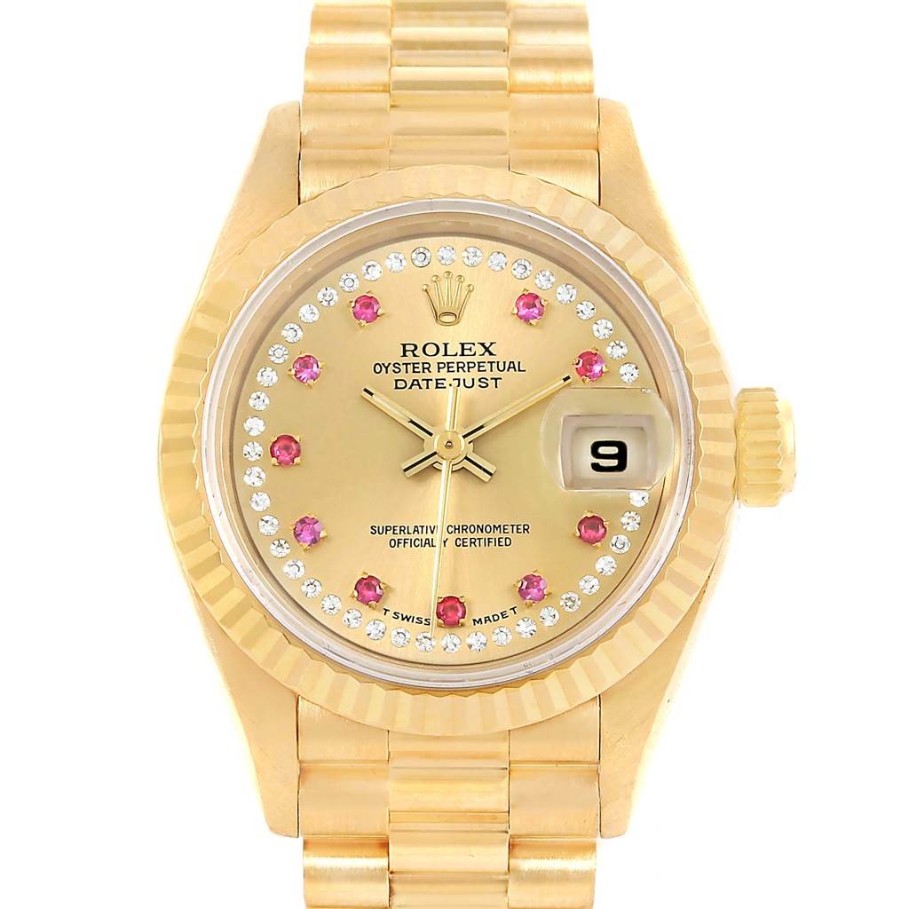This is a Rolex President 69178 Women's Yellow Gold Champagne Dial 69178 Women's Yellow Gold Champagne Dial model watch, shown from the front, highlighting the face, band, and crown.