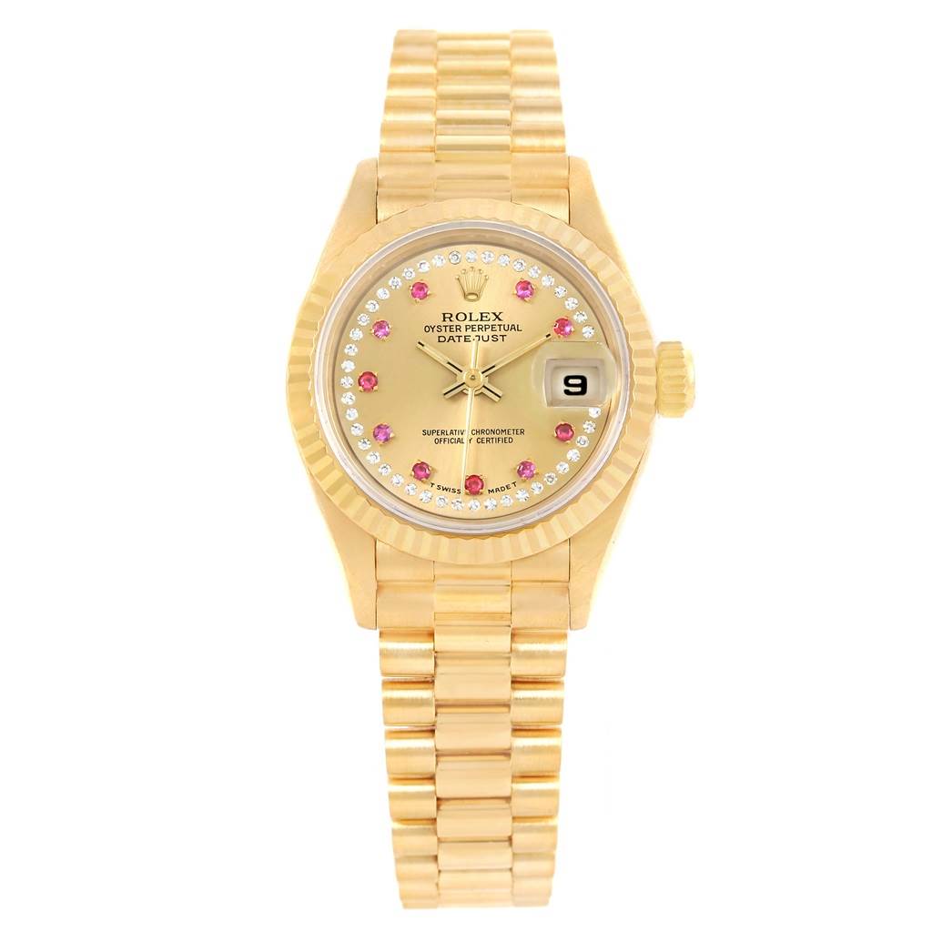 This image shows the Rolex President 69178 Women's Yellow Gold Champagne Dial 69178 Women's Yellow Gold Champagne Dial model watch from a front angle, highlighting the face, bezel, bracelet, and crown.
