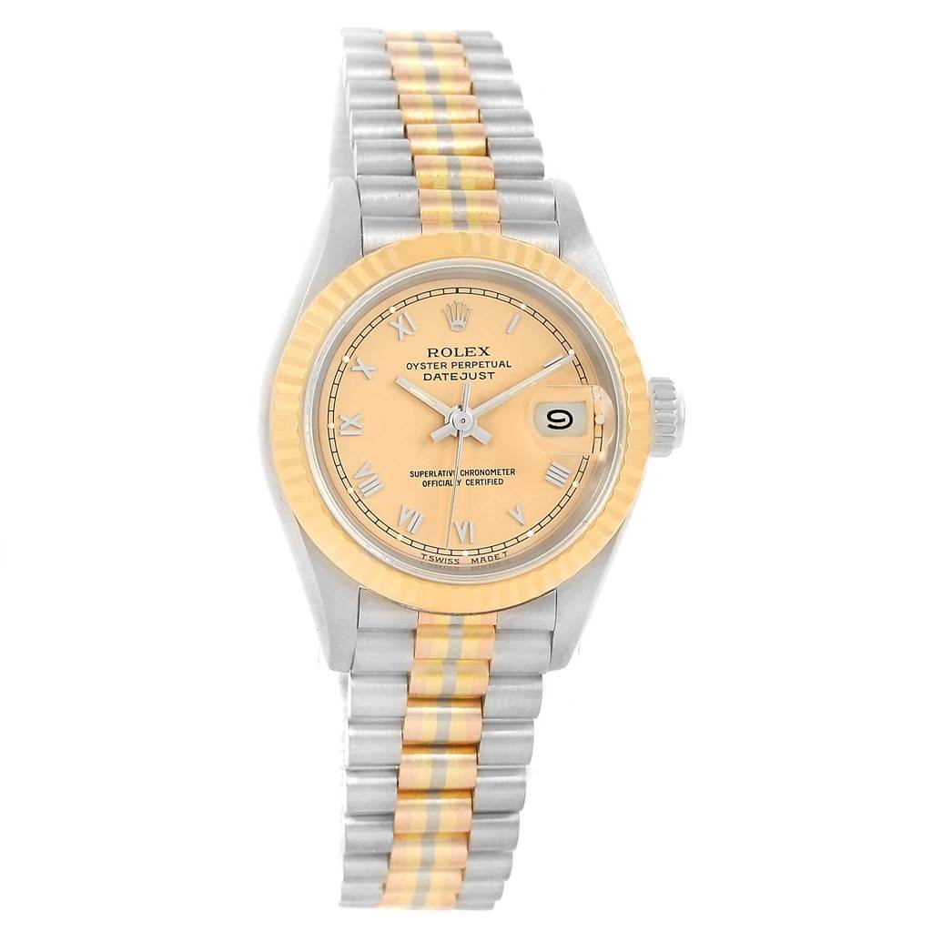 The image shows a frontal view of a Rolex President 69179 Women's White Gold Brown Dial 69179 Women's White Gold Brown Dial model watch, highlighting the dial, fluted bezel, and two-tone bracelet.